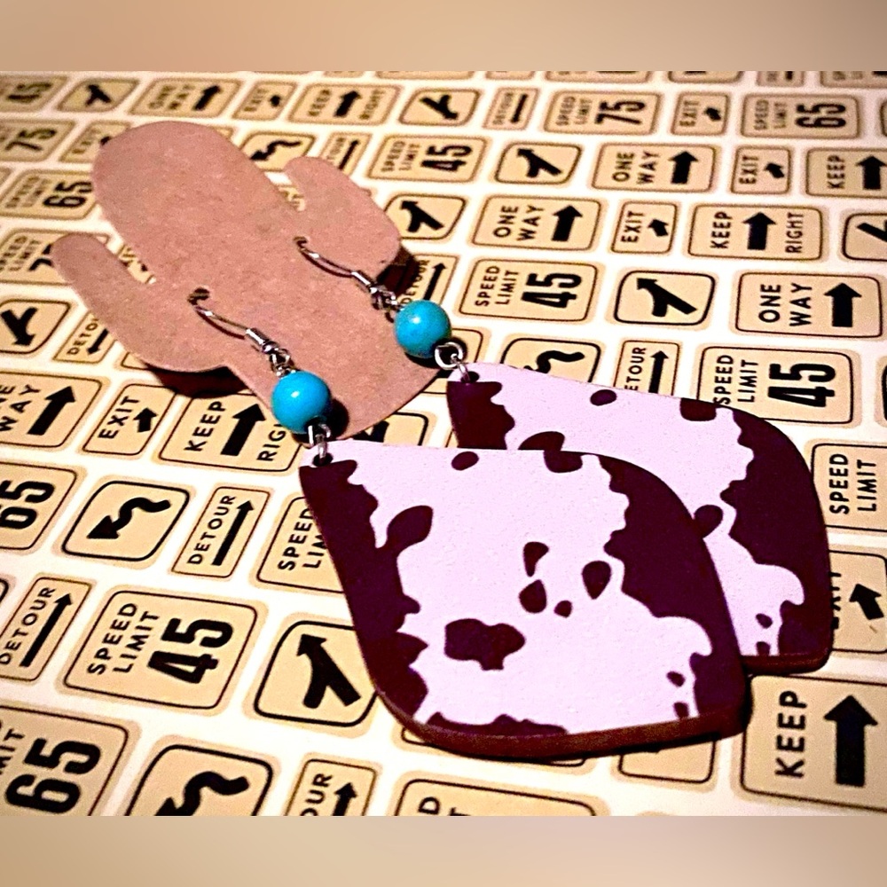 Wooden Cow Print Dangle Earrings
